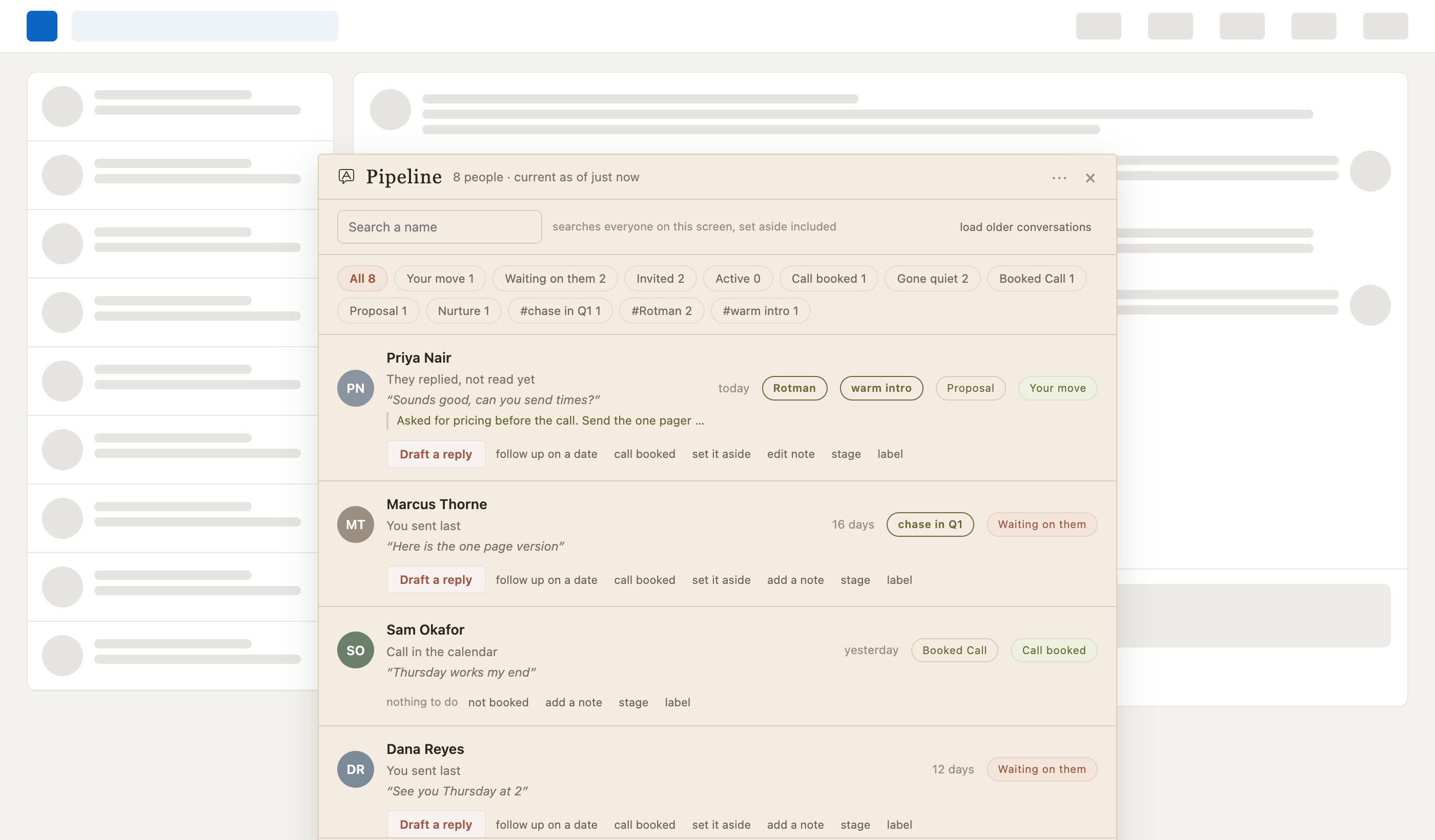 The Dear Alli pipeline listing every live LinkedIn conversation