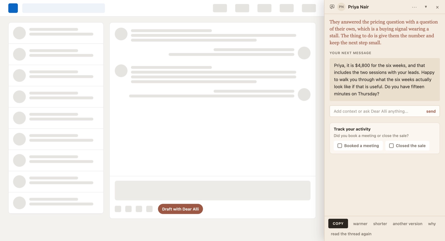 The panel showing how it reads a DM thread, then a draft reply